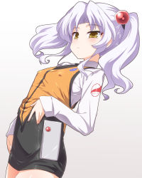 Rule 34 | 1girl, bad id, bad twitter id, black skirt, commentary request, covered erect nipples, cowboy shot, flat chest, hair bobbles, hair ornament, highres, hoshino ruri, kidou senkan nadesico, logo, long hair, long sleeves, orange vest, pencil skirt, silver hair, simple background, skirt, solo, twintails, uniform, vest, white background, yellow eyes, yoshi tama