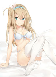 Rule 34 | 1girl, absurdres, aqua eyes, arm support, bikini, blue bikini, breasts, cleavage, feet, front-tie bikini top, front-tie top, girls&#039; frontline, hair between eyes, hair ornament, hairband, highres, leaning back, light brown hair, long hair, looking at viewer, medium breasts, no shoes, one side up, silver (chenwen), sitting, smile, soles, solo, suomi (girls&#039; frontline), swimsuit, thighhighs, white thighhighs