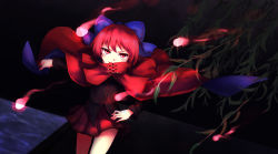 Rule 34 | 1girl, asada ryou, blush, bow, branch, cape, hair bow, highres, hitodama, long sleeves, open mouth, red eyes, red hair, sekibanki, short hair, skirt, touhou, water