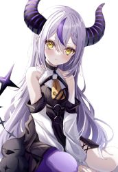 Rule 34 | 1girl, bare shoulders, black dress, black horns, braid, braided bangs, demon girl, demon horns, detached sleeves, dress, grey hair, highres, hololive, horns, la+ darknesss, long hair, looking at viewer, multicolored hair, pointy ears, purple hair, purple horns, purple thighhighs, sa-ya2, short dress, side slit, simple background, single thighhigh, sitting, sleeveless, sleeveless dress, solo, streaked hair, striped horns, tail, thighhighs, v arms, very long hair, virtual youtuber, wariza, white background, yellow eyes