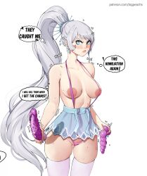Rule 34 | 1girl, absurdres, anal beads, areola slip, blue eyes, caught, cleft of venus, dildo, earrings, english text, grey hair, highres, jewelry, long hair, ponytail, puri (wettypeach), revealing clothes, sex toy, simple background, skirt, solo, sweat, thighhighs, very long hair, wedgie, white background, white thighhighs