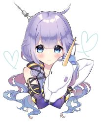 Rule 34 | 1girl, :3, azur lane, bad id, bad pixiv id, bare shoulders, blush, closed mouth, collarbone, cosplay, cropped torso, elbow gloves, gloves, hair between eyes, hair over shoulder, heart, kanno sayu, long hair, looking at viewer, low ponytail, purple eyes, purple gloves, purple hair, solo, stuffed winged unicorn, unicorn, unicorn (azur lane), upper body, vocaloid, white background, xingchen, xingchen (cosplay)
