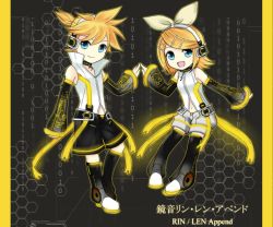 Rule 34 | 1boy, 1girl, binary, blonde hair, blue eyes, brother and sister, chibi, detached sleeves, elbow gloves, fingerless gloves, gloves, hair ornament, hair ribbon, hairclip, headphones, kagamine len, kagamine len (append), kagamine rin, kagamine rin (append), nurun najwah, ribbon, siblings, smile, twins, vocaloid, vocaloid append