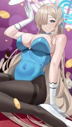 Rule 34 | 1girl, absurdres, animal ears, asuna (blue archive), asuna (bunny) (blue archive), bare arms, bare shoulders, black thighhighs, blue archive, blue eyes, blue leotard, breasts, cleavage, coin, commentary, covered navel, fake animal ears, gloves, grin, haerge, high heels, highres, large breasts, leotard, light brown hair, long hair, looking at viewer, nontraditional playboy bunny, official alternate costume, playboy bunny, rabbit ears, revision, sitting, smile, solo, strapless, strapless leotard, thighhighs, thighs, very long hair, wariza, white footwear, white gloves