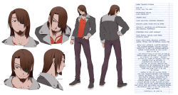 Rule 34 | 1boy, absurdres, bored, eudetenis, eyepatch, facial hair, goatee, hair over one eye, hands in pockets, hands on own hips, highres, jacket, male focus, medium hair, multiple views, original, pants, red shirt, shirt, shoes, smile, smug, tattoo, yakuza