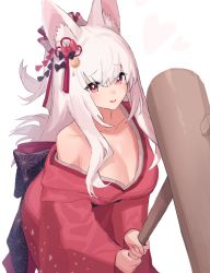 Rule 34 | 1girl, animal ear fluff, animal ears, bad link, blush, breasts, chorefuji, cleavage, collarbone, commentary request, hair between eyes, hair ribbon, hammer, holding, holding hammer, japanese clothes, kimono, large breasts, leaning forward, long hair, long sleeves, looking at viewer, nail polish, off shoulder, open mouth, original, pink nails, raised eyebrows, red kimono, red ribbon, ribbon, simple background, smile, solo, white background, white hair