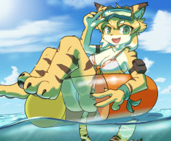 Rule 34 | 1girl, adjusting goggles, animal ears, artist name, ass, bikini, blue sky, breasts, cleavage, collarbone, day, fang, furry, furry female, goggles, goggles on head, green eyes, highres, innertube, large breasts, looking at viewer, mia (world flipper), open mouth, orange fur, orange hair, outdoors, short hair, sky, smile, solo, swim ring, swimsuit, tail, tiger ears, tiger girl, tiger tail, v, wantwo, water, white bikini, white fur, world flipper