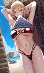Rule 34 | 1girl, absurdres, bare shoulders, bikini, blonde hair, blue eyes, blush, breasts, cleavage, highres, large breasts, long hair, looking at viewer, multi-strapped bikini, navel, nicky w, original, red bikini, solo, swimsuit, thighs