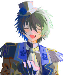 Rule 34 | 1boy, ascot, black hair, black jacket, blue flower, blue rose, blush, ensemble stars!, facing viewer, fang, flower, happy tears, hat, jacket, kagehira mika, male focus, mini hat, mini top hat, outstretched hand, rose, short hair, solo, tami tome mo, tears, top hat, white ascot, white hat