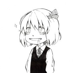 Rule 34 | + +, 1girl, :d, ascot, bad id, bad pixiv id, dress shirt, drooling, fangs, female focus, long sleeves, monochrome, necktie, open mouth, rumia, shirt, short hair, smile, solo, takeuma, touhou, vest