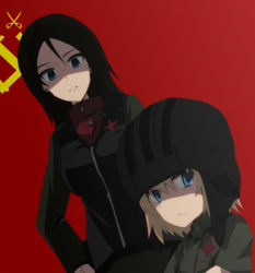 Rule 34 | 10s, 2girls, black hair, black skirt, blonde hair, blue eyes, crossed arms, emblem, girls und panzer, green jacket, hand on own hip, helmet, jacket, katyusha (girls und panzer), long sleeves, looking at viewer, military, military uniform, multiple girls, nonna (girls und panzer), oshiro, pravda (emblem), red background, red shirt, shaded face, shirt, short jumpsuit, skirt, standing, swept bangs, tank helmet, turtleneck, uniform, vest