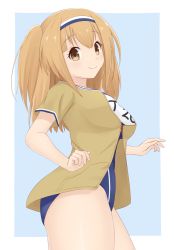 Rule 34 | 10s, 1girl, bad anatomy, bad perspective, breasts, brown eyes, hairband, i-26 (kancolle), kantai collection, light brown hair, long hair, looking at viewer, midoriyama soma, name tag, new school swimsuit, open clothes, poorly drawn, sailor collar, school swimsuit, short sleeves, solo, swimsuit, swimsuit under clothes, two side up