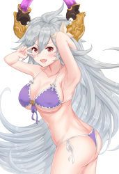 Rule 34 | 1girl, ahoge, armpits, arms up, ass, bare shoulders, bikini, blush, breasts, cleavage, collarbone, cosplay, draph, flower, front-tie bikini top, front-tie top, granblue fantasy, grey hair, hair between eyes, hair flower, hair ornament, hand gesture, highres, hip focus, horns, jeanne d&#039;arc (granblue fantasy), jeanne d&#039;arc (granblue fantasy) (cosplay), large breasts, lily (flower), long hair, looking at viewer, open mouth, purple bikini, red eyes, side-tie bikini bottom, simple background, smile, solo, springveiv, swimsuit, threo (granblue fantasy), v, v over eye, very long hair, white background