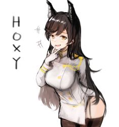 Rule 34 | +++, 1girl, :d, aiguillette, animal ears, arm behind back, atago (azur lane), azur lane, black hair, black thighhighs, buttons, cowboy shot, dog ears, dorok, extra ears, furrowed brow, garter straps, gloves, hand up, highres, laughing, long hair, long sleeves, military, military uniform, mole, mole under eye, open mouth, orange eyes, side slit, simple background, smile, solo, swept bangs, teeth, thighhighs, turtleneck, uniform, white background, white gloves, zettai ryouiki