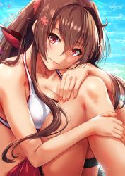 Rule 34 | 1girl, artist name, beach, bikini, blush, breasts, brown hair, cleavage, closed mouth, collarbone, day, flower, hair between eyes, hair flower, hair intakes, hair ornament, hand on own knee, highres, kantai collection, knees up, large breasts, lips, long hair, looking at viewer, nail polish, purple eyes, red nails, sakiyamama, sarong, sidelocks, smile, solo, swimsuit, thigh strap, very long hair, white bikini, yamato (kancolle)