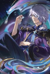 Rule 34 | 1boy, black pants, duetrofl, fur collar, grey hair, hair over one eye, hand up, holding, hwei (league of legends), jacket, knees up, league of legends, long hair, long sleeves, male focus, pants, purple jacket, solo, sparkle, star (symbol), starry background, winterblessed hwei