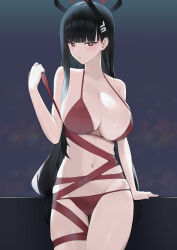 Rule 34 | 1girl, absurdres, bikini, black hair, blue archive, blunt bangs, breasts, cleavage, hair ornament, halo, highres, holding, holding ribbon, large breasts, long hair, looking at viewer, lordol, red bikini, red eyes, red ribbon, ribbon, rio (blue archive), simple background, solo, swimsuit, very long hair