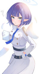 Rule 34 | 1girl, ?, absurdres, aoi (blue archive), belt, black belt, blue archive, blue eyes, blue hair, blue halo, blue necktie, blush, breasts, collared shirt, gloves, halo, highres, looking at viewer, medium breasts, necktie, parted lips, pointy ears, shirt, short hair, skirt, solo, white gloves, white shirt, white skirt, zino zinuo