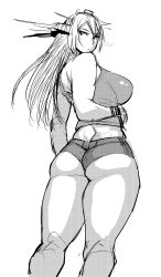 Rule 34 | 1girl, ass, back, bare shoulders, breasts, curvy, highres, large breasts, long hair, looking back, monochrome, shorts, simple background, solo, standing, synecdoche, thick thighs, thighs, white background
