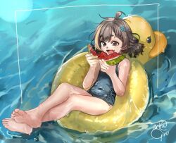 Rule 34 | 1girl, barefoot, blue one-piece swimsuit, braid, braided bangs, breasts, brown eyes, brown hair, commentary, covered navel, crossed legs, duck innertube, eating, english commentary, eyelashes, fang, feet, food, fruit, full body, girutea, hair between eyes, hair ornament, holding, holding food, indie virtual youtuber, legs, long hair, mocca liebeskind, on innertube, one-piece swimsuit, parted bangs, shiny skin, short eyebrows, signature, skin fang, small breasts, soles, solo, swept bangs, swimsuit, thick eyebrows, thighs, toes, virtual youtuber, water, watermelon, wet, x hair ornament