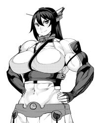 Rule 34 | &gt;:), 10s, 1girl, abs, bad id, bad pixiv id, biceps, breasts, crop top, female focus, fingerless gloves, gloves, greyscale, hands on own hips, headpiece, highres, huge breasts, kantai collection, looking at viewer, midriff, monochrome, muscular, muscular female, nagato (kancolle), navel, personification, simple background, solo, synecdoche, thick arms, tsurime, v-shaped eyebrows, veins