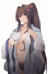 Rule 34 | 1girl, black panties, breasts, brown eyes, brown hair, cowboy shot, flower, hair between breasts, hair flower, hair ornament, highres, japanese clothes, kantai collection, kasumi (skchkko), kimono, large breasts, long hair, naked kimono, navel, panties, parted lips, ponytail, solo, underwear, undressing, very long hair, yamato (kancolle)