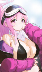 Rule 34 | 1girl, absurdres, azema, bikini, black bikini, blue archive, breasts, cleavage, commentary request, eimi (blue archive), eimi (swimsuit) (blue archive), goggles, goggles on head, hand up, highres, jacket, large breasts, long hair, long sleeves, looking at viewer, off shoulder, official alternate costume, pink hair, purple eyes, purple jacket, scarf, sidelocks, smile, solo, stomach, swimsuit, upper body, white scarf