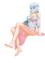 Rule 34 | 1girl, absurdres, aqua bikini, aqua hair, arm support, barefoot, bikini, bikini skirt, blue eyes, blue hair, breasts, buyange, closed mouth, collarbone, colored inner hair, commentary request, feet, full body, highres, invisible chair, jewelry, korean commentary, large breasts, legs, looking at viewer, multicolored hair, necklace, original, see-through, simple background, sitting, solo, swept bangs, swimsuit, thighs, toes, white background