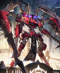 Rule 34 | arm blade, building, cable, cityscape, cygames, digitigrade, emblem, extra arms, glowing, highres, looking at viewer, mecha, multiple weapons, multiple wielding, no humans, official art, pelvic curtain, robot, shadowverse, size difference, skyscraper, takamine nadare, tisiphone the malignant, tube, weapon