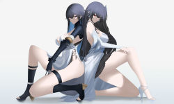 Rule 34 | 2girls, absurdres, axicoi, black footwear, black gloves, black hair, breasts, closed mouth, dress, earrings, elbow gloves, full body, gloves, hand on own knee, high heels, highres, jewelry, large breasts, light smile, long hair, looking at viewer, lucia (punishing: gray raven), multiple girls, on one knee, punishing: gray raven, purple eyes, red eyes, selena (punishing: gray raven), sideboob, white background, white dress, white footwear, white gloves