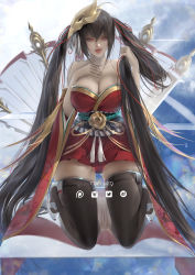 Rule 34 | 1girl, ahoge, azur lane, bare shoulders, black hair, breasts, cleavage, collarbone, commentary request, crossed bangs, hair between eyes, hand on own chest, highres, holding, holding hair, japanese clothes, kimono, kneeling, large breasts, long hair, looking at viewer, mask, mask on head, obi, off shoulder, pleated skirt, rain wzq, red eyes, red kimono, red ribbon, ribbon, sash, sidelocks, skirt, solo, taihou (azur lane), thighhighs, thighs, very long hair, white footwear