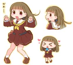 Rule 34 | &gt; &lt;, 1girl, :d, badge, black ribbon, blunt bangs, blush, braid, brown dress, brown footwear, brown hair, button badge, center-flap bangs, claw pose, commentary, cropped torso, deformed, dress, foot up, hair ribbon, hanomido, hasu no sora school uniform, heart, highres, holding, holding badge, kachimachi kosuzu, knees together feet apart, link! like! love live!, loafers, long hair, long sleeves, looking at viewer, looking back, love live!, medium dress, multiple views, neckerchief, open mouth, outline, pink eyes, pleated dress, ribbon, sailor collar, sailor dress, school uniform, shoes, side braids, sideways glance, sideways mouth, simple background, smile, socks, standing, straight hair, striped ribbon, teeth, upper teeth only, v-shaped eyebrows, virtual youtuber, white background, white sailor collar, white socks, winter uniform, xd, yellow neckerchief, yellow outline