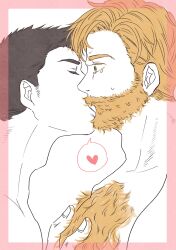 Rule 34 | 2boys, absurdres, adam&#039;s apple, alternate body hair, alternate facial hair, ao isami, bara, beard, black hair, blonde hair, border, closed eyes, couple, facial hair, feeling body hair, from side, full beard, hand on another&#039;s chest, heart, highres, i7ywto46ch91180, intertwined hair, kiss, large pectorals, lewis smith, limited palette, male focus, multiple boys, muscular, muscular male, nude, pectorals, pink border, profile, sideburns stubble, spoken heart, stubble, tearing up, thick beard, thick chest hair, thick eyebrows, upper body, yaoi, yuuki bakuhatsu bang bravern