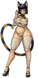 Rule 34 | 1girl, alternate breast size, alternate height, animal crossing, animal ears, ankha (animal crossing), arm under breasts, bags under eyes, bandaged arm, bandaged chest, bandaged leg, bandaged neck, bandages, black footwear, blue hair, blue lips, blue nails, blush, breasts, cat ears, cat girl, cat tail, cleft of venus, colored skin, cursed equinox, eyebrows, eyelashes, eyeliner, female focus, full body, grin, half-closed eyes, hand on own arm, hand up, high heels, large breasts, lipstick, looking at viewer, makeup, medium hair, nail polish, naughty face, nintendo, simple background, smile, solo, standing, tail, tall female, teeth, thighs, toenail polish, toenails, white background, wide hips, yellow eyes, yellow skin