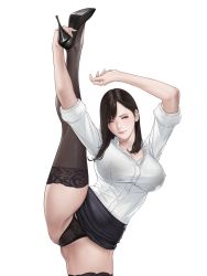 Rule 34 | 1girl, black footwear, black panties, black thighhighs, breasts, clothes lift, collared shirt, commentary request, dress shirt, female pubic hair, high heels, highres, large breasts, long hair, miniskirt, office lady, one eye closed, original, panties, parted bangs, pubic hair, shirt, shirt tucked in, shisshou senkoku, skirt, skirt lift, sleeves rolled up, split, standing, standing on one leg, standing split, thighhighs, thighs, underwear, white shirt