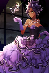 Rule 34 | 1girl, bad id, bad pixiv id, bleach, bow, cloud, dark skin, dark-skinned female, flower, gloves, hair flower, hair ornament, holding, holding mask, indoors, jewelry, layered skirt, long skirt, looking at viewer, mask, necklace, night, parted lips, purple bow, purple flower, purple gloves, purple hair, purple rose, purple skirt, rose, shihouin yoruichi, skirt, skirt hold, sky, sleeveless, smile, solo, sparkle, standing, star (sky), starry sky, striped, umi (pixiv6861961), yellow eyes