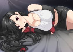Rule 34 | 1girl, bare shoulders, black hair, breasts, cleavage, collarbone, commentary request, final fantasy, final fantasy vii, fingerless gloves, gloves, kinoshita ichi, large breasts, long hair, looking at viewer, lying, midriff, navel, on side, parted lips, red eyes, red gloves, skirt, solo, suspenders, tank top, thighs, tifa lockhart