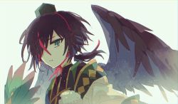 Rule 34 | 1boy, black hair, feathered wings, feathers, green eyes, green hat, hair over one eye, hand fan, hat, hibi89, looking at viewer, male focus, merc storia, multicolored hair, pom pom (clothes), short hair, solo, streaked hair, string, tokin hat, upper body, wings