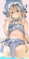 Rule 34 | 1girl, abigail williams (fate), abigail williams (swimsuit), abigail williams (swimsuit foreigner) (fate), abigail williams (swimsuit foreigner) (third ascension) (fate), bare shoulders, bikini, blonde hair, blue eyes, blush, bonnet, bow, breasts, crotch, fate/grand order, fate (series), forehead, hair bow, hair rings, highres, keyhole, long hair, looking at viewer, navel, parted bangs, parted lips, sidelocks, sitting, small breasts, solo, spread legs, suggestive fluid, swimsuit, thighs, twintails, uno ryoku, very long hair, white bikini, white bow, white headwear