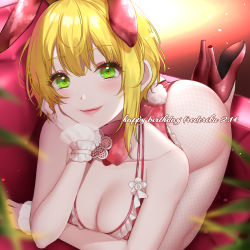 Rule 34 | 1girl, animal ears, ass, bare shoulders, blonde hair, breasts, character name, cleavage, collarbone, couch, dated, detached collar, elbow rest, english text, fake animal ears, fishnets, frills, green eyes, halterneck, happy birthday, high heels, highres, idolmaster, idolmaster cinderella girls, leaf, leaning forward, leotard, light blush, lipstick, looking at viewer, makeup, maou (demonlord), medium breasts, miyamoto frederica, on couch, pillow, pink footwear, pink leotard, playboy bunny, rabbit ears, rabbit tail, short hair, sidelocks, sleeveless, smile, solo, tail, white legwear, wrist cuffs