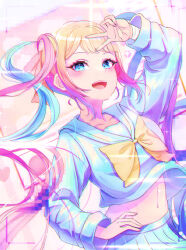 Rule 34 | 1girl, bandaged arm, bandages, blue eyes, blue sailor collar, blue shirt, blue skirt, blush, chouzetsusaikawa tenshi-chan, collarbone, highres, holographic clothing, kiiro (cocoa080), long hair, long sleeves, looking at viewer, multicolored nails, navel, neckerchief, needy girl overdose, open mouth, pleated skirt, sailor collar, school uniform, shirt, skirt, smile, v, wide sleeves, yellow neckerchief