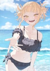 Rule 34 | 1girl, bare shoulders, bikini, black bikini, blonde hair, blue sky, blush, boku no hero academia, breasts, cloud, cloudy sky, collarbone, commentary, day, double bun, fangs, frilled bikini, frills, hair bun, highres, horizon, kiina (mrnsor), medium breasts, messy hair, navel, ocean, off-shoulder bikini, off shoulder, open hand, open mouth, outdoors, outstretched arm, reaching, reaching towards viewer, side-tie bikini bottom, sidelocks, sky, slit pupils, smile, solo, stomach, swimsuit, symbol-only commentary, teeth, toga himiko, water, yellow eyes