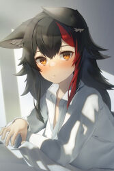 Rule 34 | 1girl, animal ear fluff, animal ears, black hair, blush, commentary request, ears down, hair between eyes, highres, hololive, long sleeves, looking at viewer, multicolored hair, ookami mio, red hair, shirai yu, shirt, sidelocks, solo, streaked hair, virtual youtuber, white shirt, wolf ears, wolf girl, yellow eyes