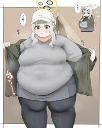 1girl 7sufyfhysfsdkn0 baseball_cap big_belly black_pantyhose blue_archive blush breasts fat fat_woman grey_shirt halo hare_(blue_archive) hare_(camp)_(blue_archive) hat jacket japanese_text large_breasts long_hair obese open_clothes open_jacket open_mouth pantyhose ponytail removing_jacket shirt sidelocks skirt solo standing sweat tent white_hair white_hat