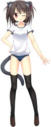 Rule 34 | 1girl, ;q, absurdres, animal ears, black thighhighs, brown hair, buruma, cat ears, cat tail, double bun, full body, gym uniform, hair bun, hand on own hip, highres, hoshikoi tinkle, korie riko, loafers, looking at viewer, narusegawa nagi, official art, one eye closed, shoes, short hair, short sleeves, solo, tail, thighhighs, tongue, tongue out, transparent background