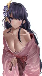 Rule 34 | 1girl, absurdres, bare shoulders, breasts, cleavage, commentary request, genshin impact, hair ornament, highres, japanese clothes, kimono, large breasts, long sleeves, looking at viewer, lula (888lula), nail polish, off shoulder, pink kimono, purple eyes, purple hair, purple nails, raiden shogun, simple background, solo, white background