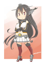 Rule 34 | 10s, 1girl, black hair, chibi, crossed arms, elbow gloves, gloves, gradient background, hairband, headgear, highres, kantai collection, long hair, nagato (kancolle), navel, red eyes, retsumaru, solo