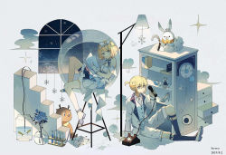 Rule 34 | 1boy, 1girl, antique phone, artist name, bad id, bad pixiv id, black legwear, blonde hair, blue dress, blue eyes, book, bow, bowtie, bug, butterfly, chair, character doll, cloud, commentary, corded phone, crown, dated, drawing (object), dress, earrings, fish, flower, frills, gloves, grey background, hair ornament, hairband, hatsune miku, holding, holding book, holding phone, insect, jacket, jar, jewelry, kagamine len, kagamine rin, lamp, legwear garter, lococo:p, long sleeves, neck ruff, on ground, pencil, phone, pinstripe legwear, pinstripe pattern, ponytail, rabbit, rabbit yukine, rose, rotary phone, sandals, shelf, shoes, short hair, short ponytail, shorts, sitting, snowflakes, socks, sparkle, striped clothes, striped dress, stuffed animal, stuffed toy, suit jacket, test tube, test tube rack, vase, vocaloid, white dress, white footwear, white gloves, white hairband, white jacket, white neckwear, white shorts, window, yarn, yarn ball, yuki miku, yuki miku (2019)