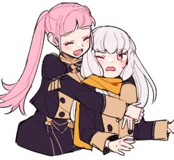 Rule 34 | 2girls, blush, buttons, closed eyes, cropped torso, do m kaeru, fire emblem, fire emblem: three houses, garreg mach monastery uniform, grey background, hilda valentine goneril, hug, hug from behind, juliet sleeves, long hair, long sleeves, looking at another, lysithea von ordelia, multiple girls, nintendo, one eye closed, open mouth, pink eyes, puffy sleeves, scarf, simple background, smile, sweatdrop, twintails, uniform, white hair, yellow scarf