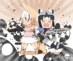 Rule 34 | &gt;:o, 10s, 2girls, :o, afterimage, animal ears, avengers: infinity war, avengers (series), blonde hair, blush, bow, bowtie, capriccyo, chibi, commentary request, common raccoon (kemono friends), closed eyes, fangs, fennec (kemono friends), fox ears, fox tail, full body, grey hair, grey legwear, gun, kemono friends, looking away, marvel, marvel cinematic universe, multicolored hair, multiple girls, pantyhose, pleated skirt, raccoon ears, raccoon tail, skirt, smile, standing, streaked hair, tail, thighhighs, twitter username, two-tone hair, v-shaped eyebrows, weapon, zettai ryouiki